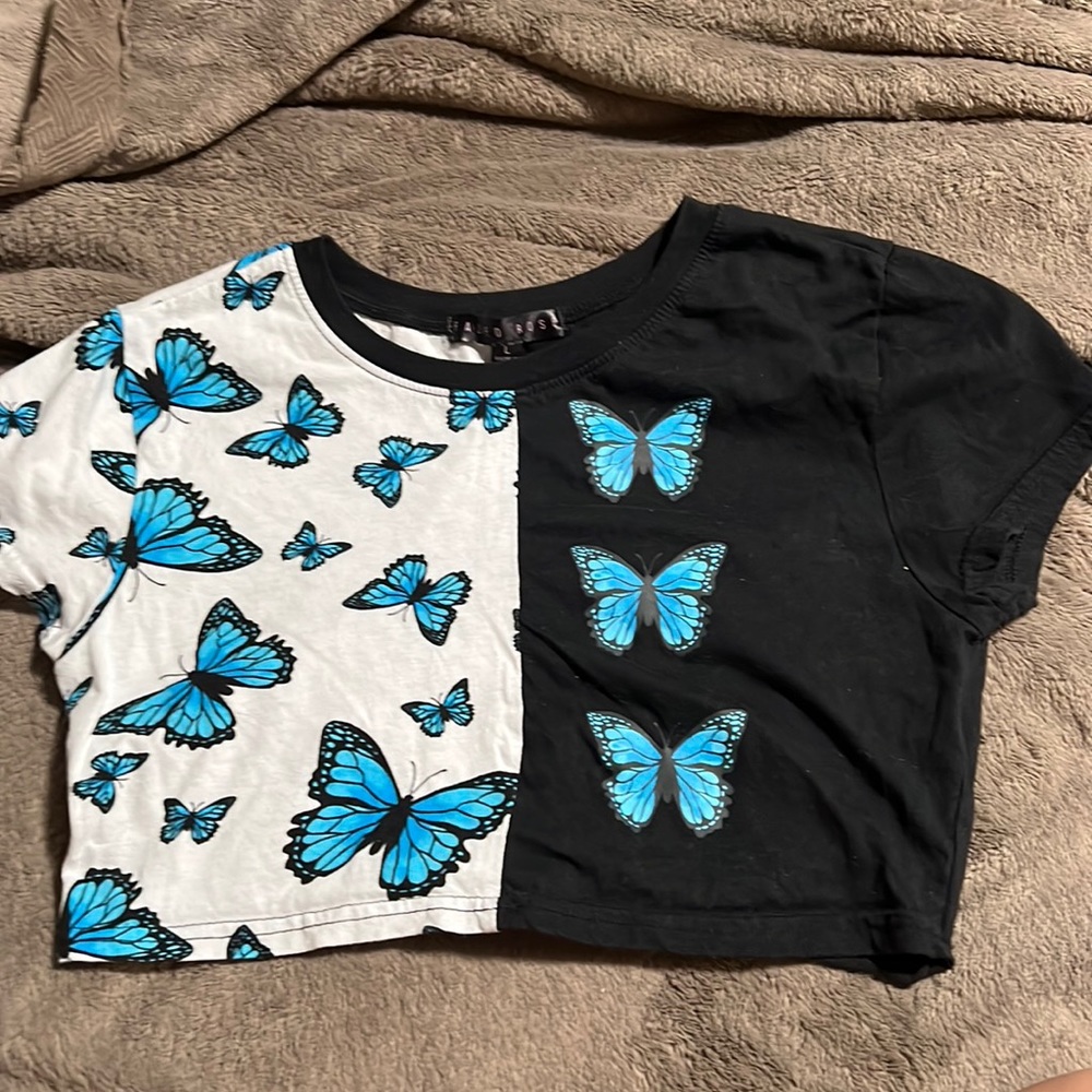 Black two tone half/half butterfly print fitted crop top